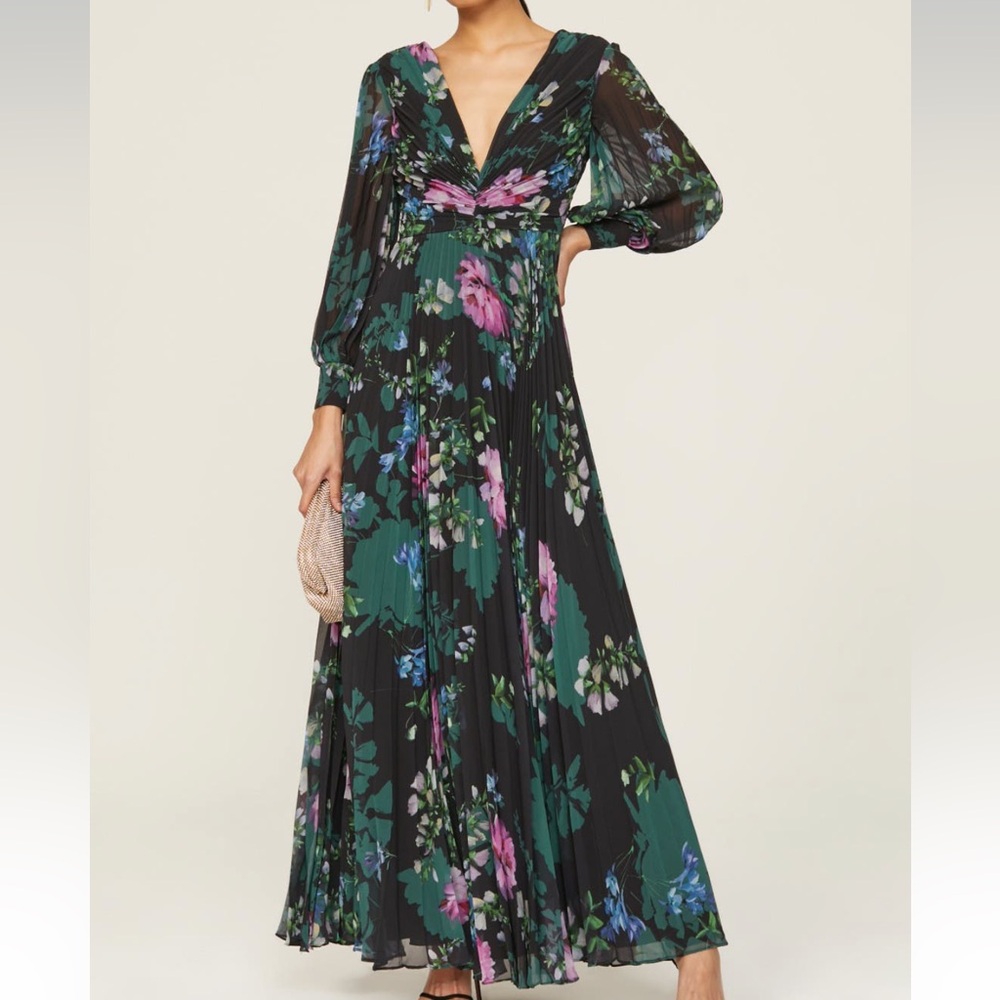 Badgley Mischka Floral Long Sleeve Dress - Black and Pink